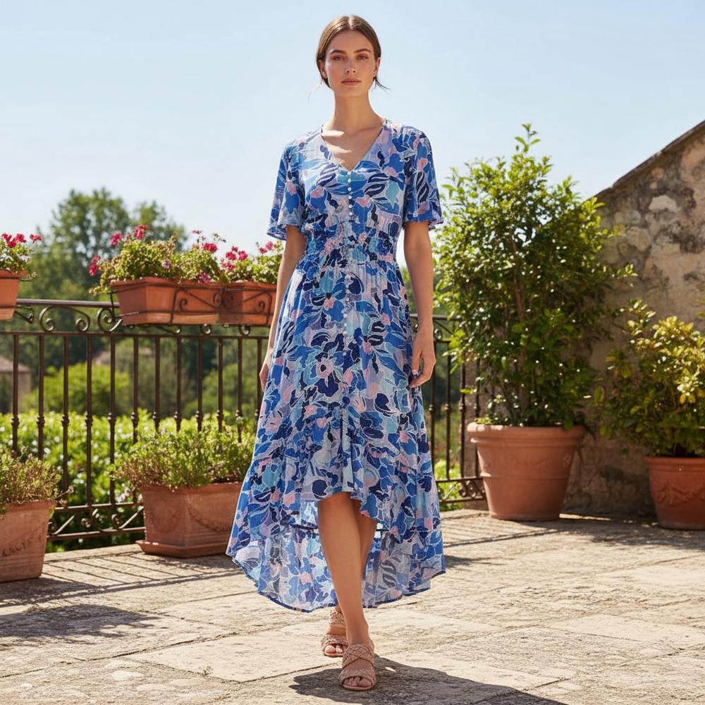 Abel the Label ATL Anthropologie Blue Pink Flutter Sleeve Hi-Lo Maxi Dress XS